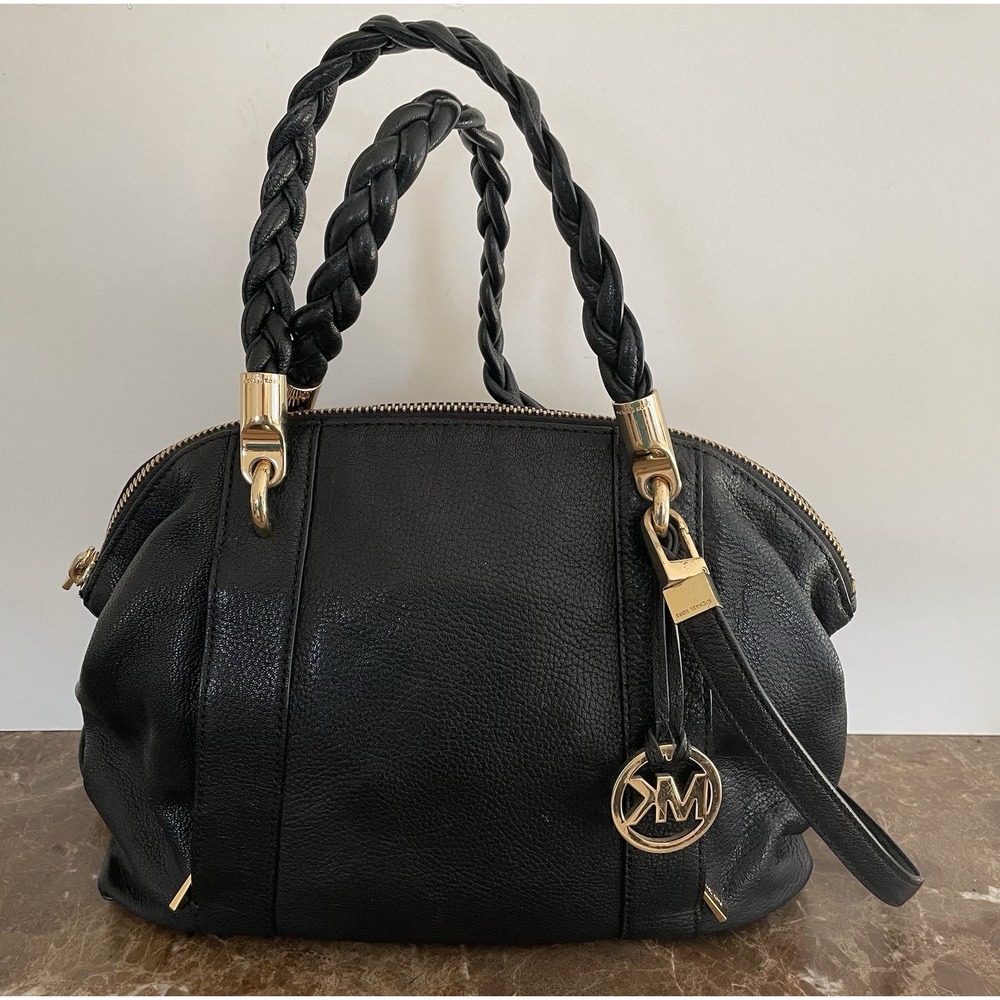 Michael Kors Naomi Large Black Leather Braided Double Handle Crossbody Bag